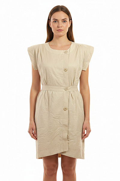 Bruuns Bazaar Béžové Bavlněné šaty S Krátkým Rukávem A Páskem Vel. 40