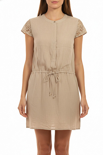 Dámské Lněné šaty S Krátkým Rukávem A Páskem Béžové Velikost 40