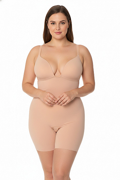 BYE BRA Dámské Body Bezešvé Tvarující Hluboký Výstřih Béžové Vel. XXL