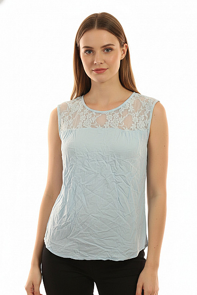 VERO MODA Dámské Tričko Bez Rukávů Světle Modré Krajkové Vel. M