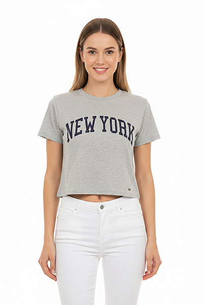 PULL&BEAR Dámské Tričko S Krátkým Rukávem A Potiskem New York šedé Vel. XS
