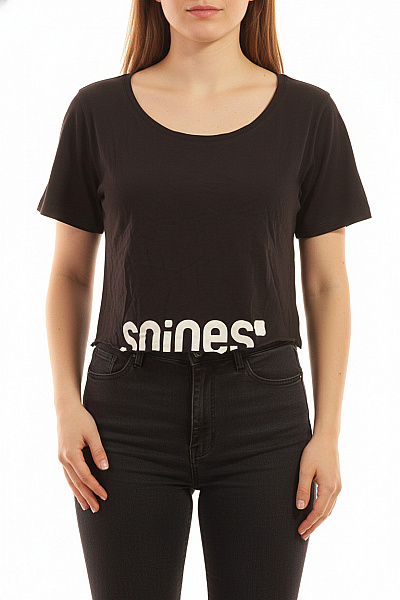 Dámské Tričko Krátký Rukáv černé S Nápisem Crop Top Vel. L