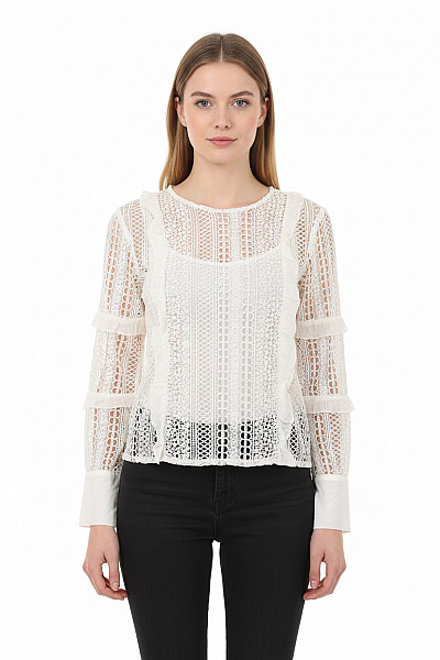 MANGO Dámská Krajková Halenka S Dlouhým Rukávem Bílá Boho Romantická Velikost XS