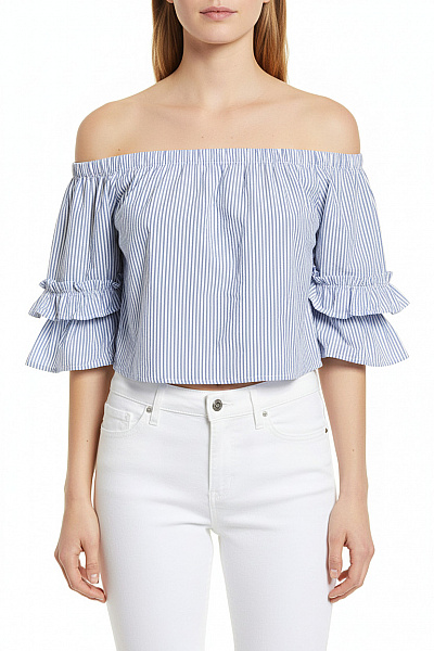 Bershka Dámská Pruhovaná Halenka S Odhalenými Rameny Crop Velikost M