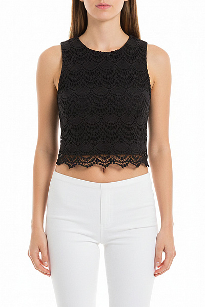 Dámské černé Tričko Bez Rukávů Crop Top Krajkové Vel. XS