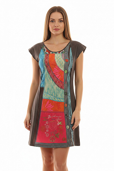 DESIGUAL šaty Tunikové Krátký Rukáv Barevné Volnočasové Boho Vel. L