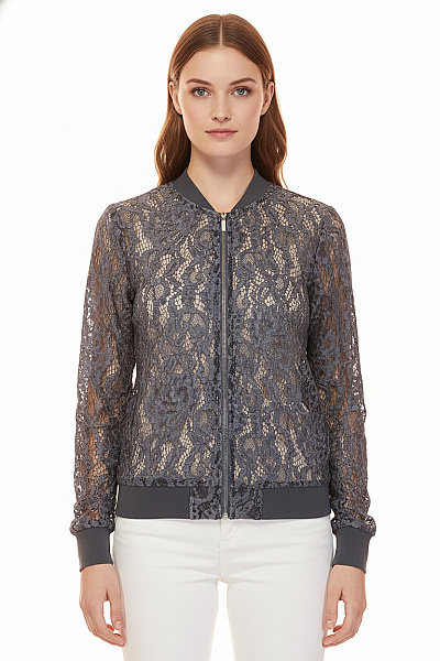 ZARA Dámská Krajková Bunda S Dlouhým Rukávem Na Zip šedá Velikost EU XS