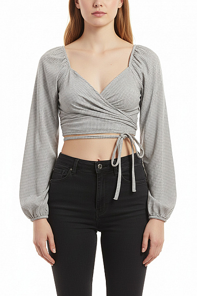 ZARA Dámské Tričko S Dlouhým Rukávem Zavinovací Crop Top Kostkované šedé Velikost M