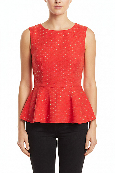 Next Dámská červená Halenka Bez Rukávů Puntíkovaná Peplum Vel. 40