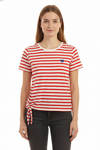ONLY Dámské Tričko S Krátkým Rukávem A Uzlem červeně Pruhované Bavlněné Vel. M