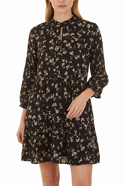 MANGO Dámské šaty S Dlouhým Rukávem Květované černé Volnočasové Boho Velikost S