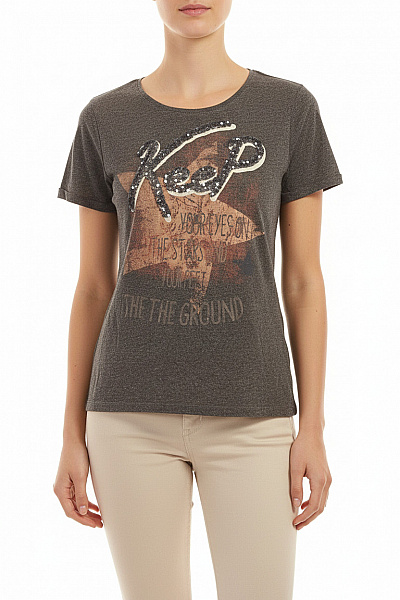 Street One Dámské Tričko S Krátkým Rukávem A Flitry S Nápisem šedé Vel. EU 40