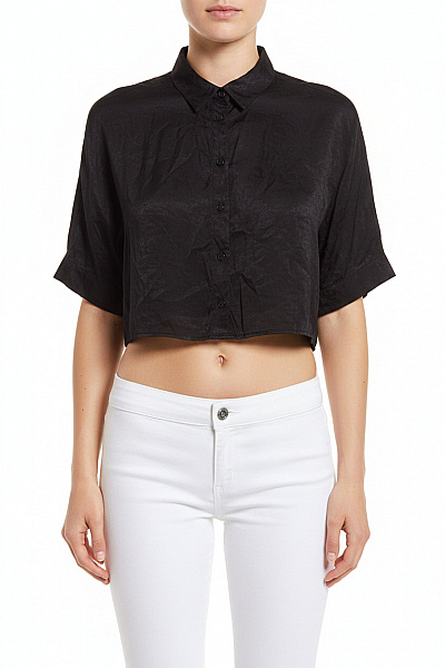 ZARA Dámská černá Košile Crop Krátký Rukáv Lesklá Viskóza Elegantní Letní Velikost XS