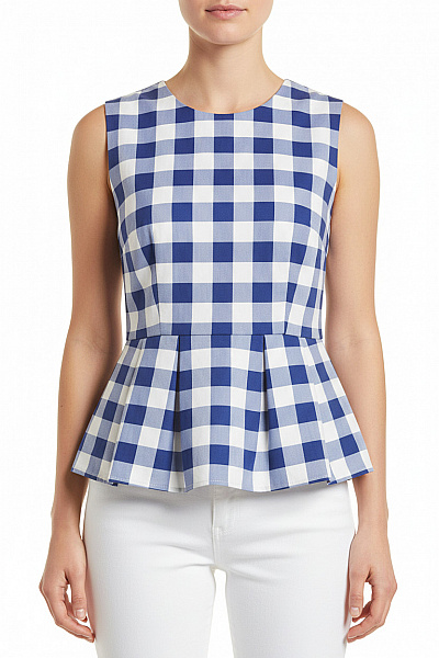 Dámská Halenka Bez Rukávů Kostkovaná Modrá Letní Bavlněná Peplum Vel. 36