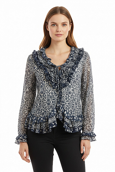 Heine Dámská Bavlněná Košile S Dlouhým Rukávem A Volánky Vzorovaná Velikost EU 40