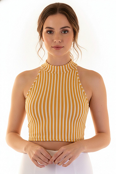 ZARA Dámské Pruhované Tričko Bez Rukávů Crop Top žluté Vel. L