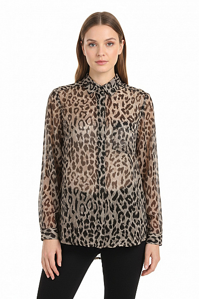 SAINT TROPEZ Dámská Košile S Dlouhým Rukávem Leopardí Vzorovaná Průhledná Velikost S