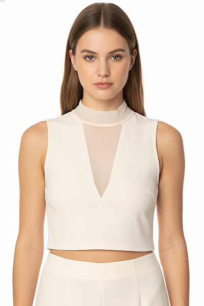 Missguided Dámské Béžové Tričko Bez Rukávů Crop Top Průhledné Velikost EU 36