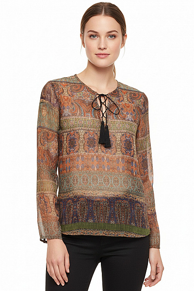 MANGO Dámská Halenka S Potiskem A Vázačkou Boho Volná Průsvitná Velikost XS