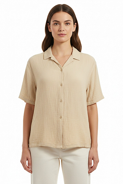 Bershka Dámská Košile Béžová Krátký Rukáv Letní Ležérní Volná Velikost EU M