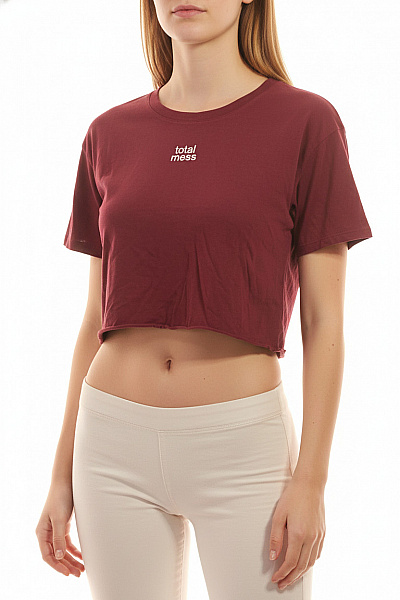 Bershka Dámské Tričko S Krátkým Rukávem A Nápisem Crop Top Bavlněné červené Velikost EU XS