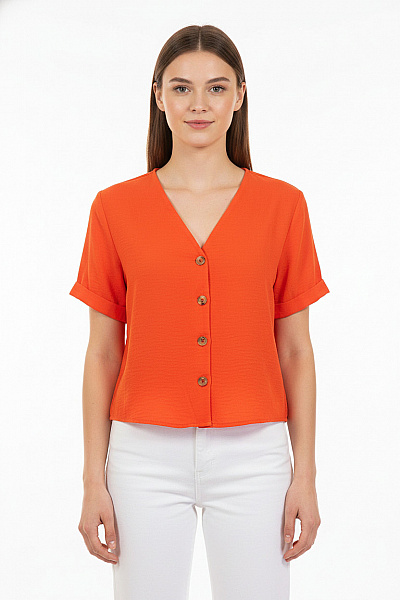 New Look Oranžová Halenka Krátký Rukáv Crop Propínací S Výstřihem Do V Velikost 36