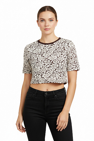 Topshop Dámské Tričko Krátký Rukáv Květinový Vzor Crop Top Vel. 40