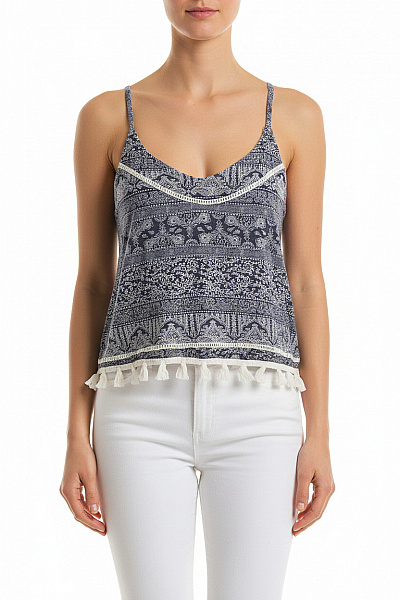 Jennyfer Černobílé Dámské Tílko Crop Top S Potiskem A Třásněmi Velikost S
