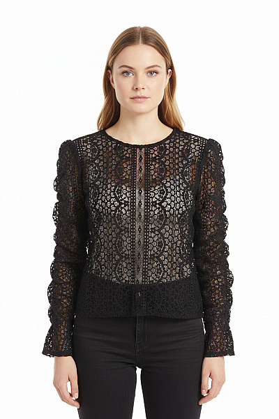 MANGO Dámská Krajková Halenka S Dlouhým Nabíraným Rukávem Elegantní Společenská černá Vel. Xs