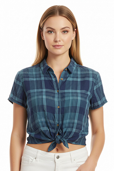 PULL&BEAR Dámská Kostkovaná Košile S Krátkým Rukávem Modrá Vel. L