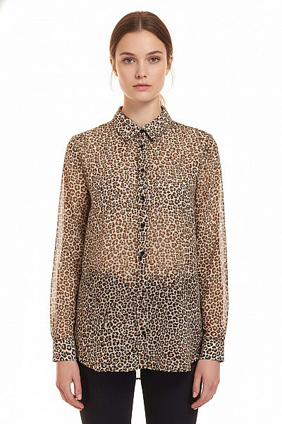 MANGO Dámská Košile S Dlouhým Rukávem Leopardí Vzorovaná Průhledná Elegantní Velikost S