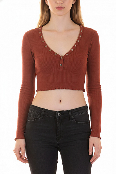 Bershka Dámské Tričko S Dlouhým Rukávem Crop Top Henley červené Velikost EU XS