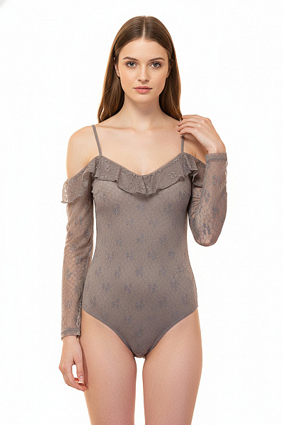 New Look Dámské Body šedé Krajkové S Volánem Na Ramena Vel. EU 38