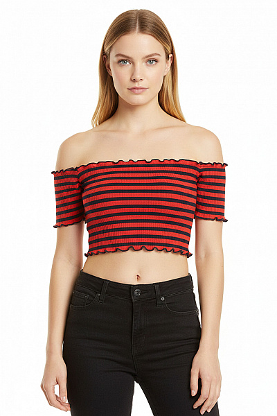 ONLY Dámské Tričko S Odhalenými Rameny Pruhované Crop Top červené Vel. XS