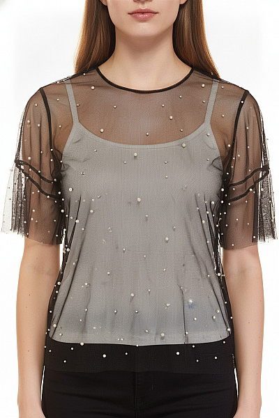 Bershka Dámská Halenka Krátký Rukáv S Perlami Průsvitná Vel. M
