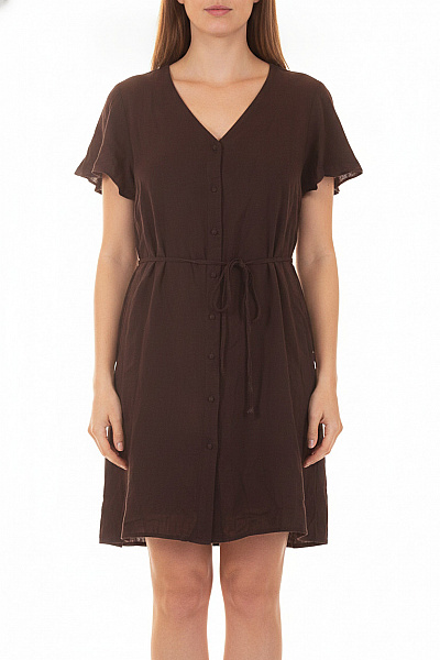VERO MODA Hnědé Lněné šaty S Páskem A Propínáním Vel. XL