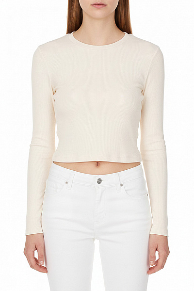 Dámské Bavlněné Tričko S Dlouhým Rukávem A Kulatým Výstřihem Crop Top Béžové Velikost 34