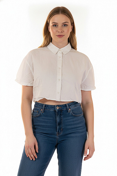 PULL&BEAR Dámská Bílá Bavlněná Košile Crop Krátký Rukáv Ležérní Vel. EU XL