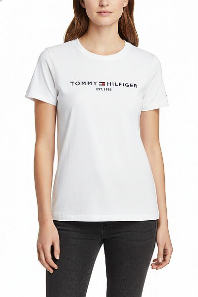 TOMMY HILFIGER Dámské Tričko S Krátkým Rukávem A Potiskem Basic Bílé Vel. M