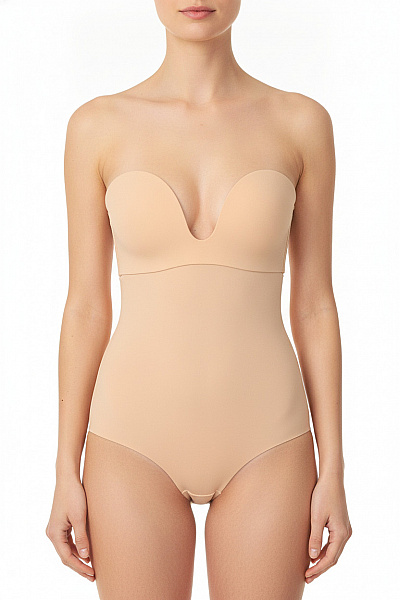Magic Body Fashion Dámské Body S Hlubokým Výstřihem A Zapínáním Na Patentky Béžové Vel. D