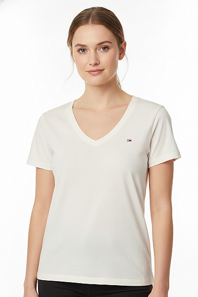TOMMY HILFIGER Dámské Tričko S Krátkým Rukávem A Hlubokým Výstřihem Basic Vel. EU L