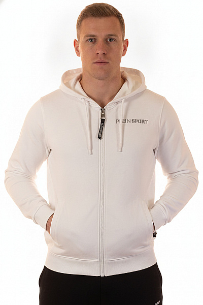 PLEIN SPORT Mikina S Kapucí Na Zip Sportovní Bavlněná Jednobarevná Vel. M