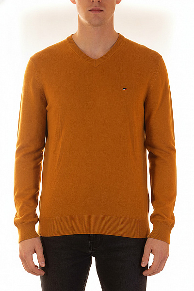 TOMMY HILFIGER Pánský Svetr Do V Oranžový žebrovaný Pletený Lehký Velikost M