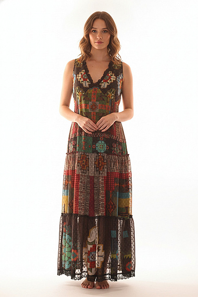 DESIGUAL Dlouhé šaty Bez Rukávů Boho Květované Barevné Velikost 40