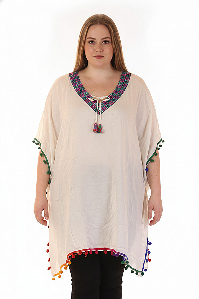 Bílá Tuniková Halenka S Krátkým Rukávem A Barevnými Pompony Vel. XXL