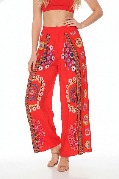 DESIGUAL Dámské červené široké Kalhoty Květované Boho Volnočasové Vel. S