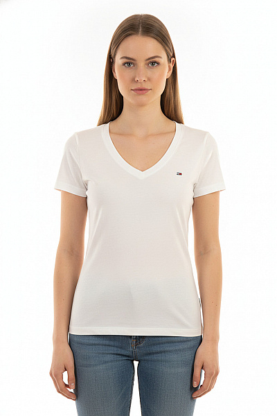 TOMMY HILFIGER Dámské Bílé Tričko S Krátkým Rukávem A Hlubokým Výstřihem Basic Vel. M