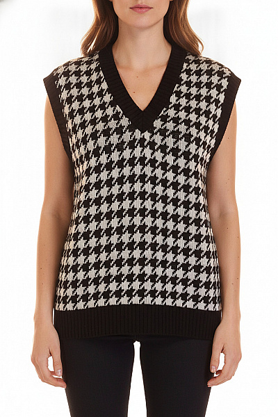 LACONY Dámská Pletená Vesta Houndstooth černobílá Bez Rukávů Velikost XL