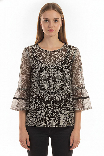 DESIGUAL Dámská Halenka S Dlouhým Rukávem A Potiskem černobílá Boho Vel. Xs