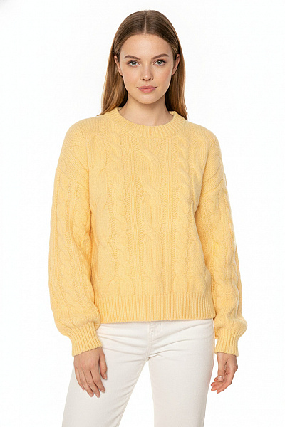 MANGO Dámský žlutý Pletený Svetr S Copánkovým Vzorem Oversized Velikost S